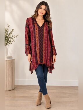Uncle Frank Boho Multicolor Patterned Bell Sleeve Tunic Dress - Size Small